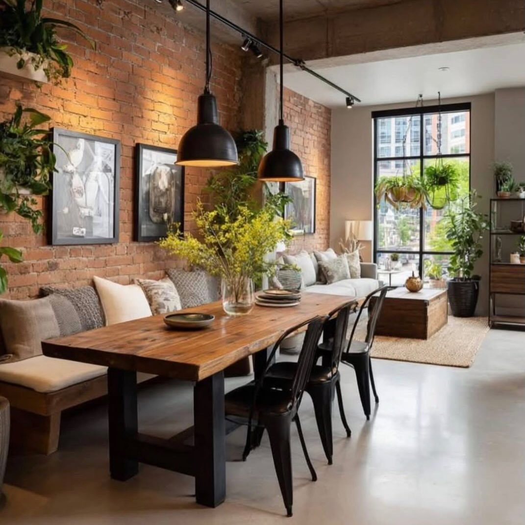 Industrial dining room with red exposed brick wall, wooden table, and black pendant lighting.