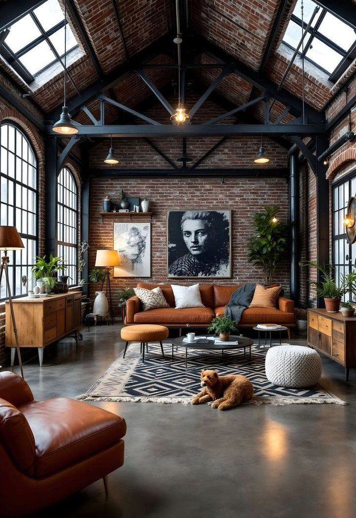 Industrial loft living room with exposed red brick walls and black steel beams.