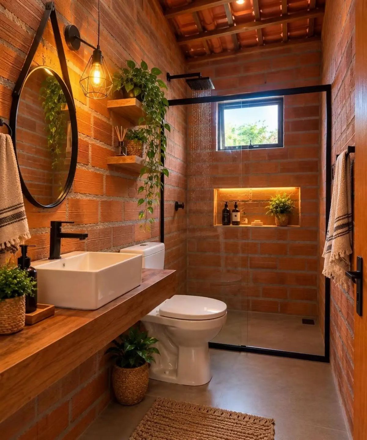 Bathroom with red exposed brick walls and green plants on wooden shelves.