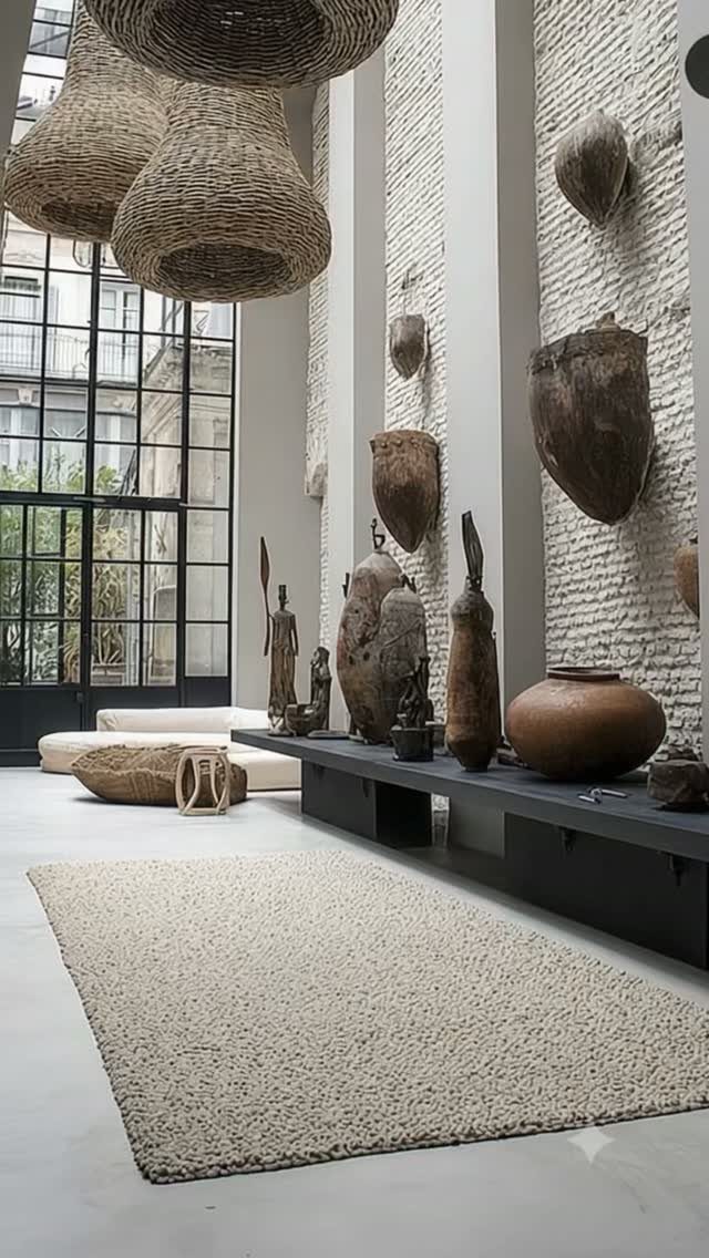 White painted exposed brick walls in a modern room with woven lighting and pottery.