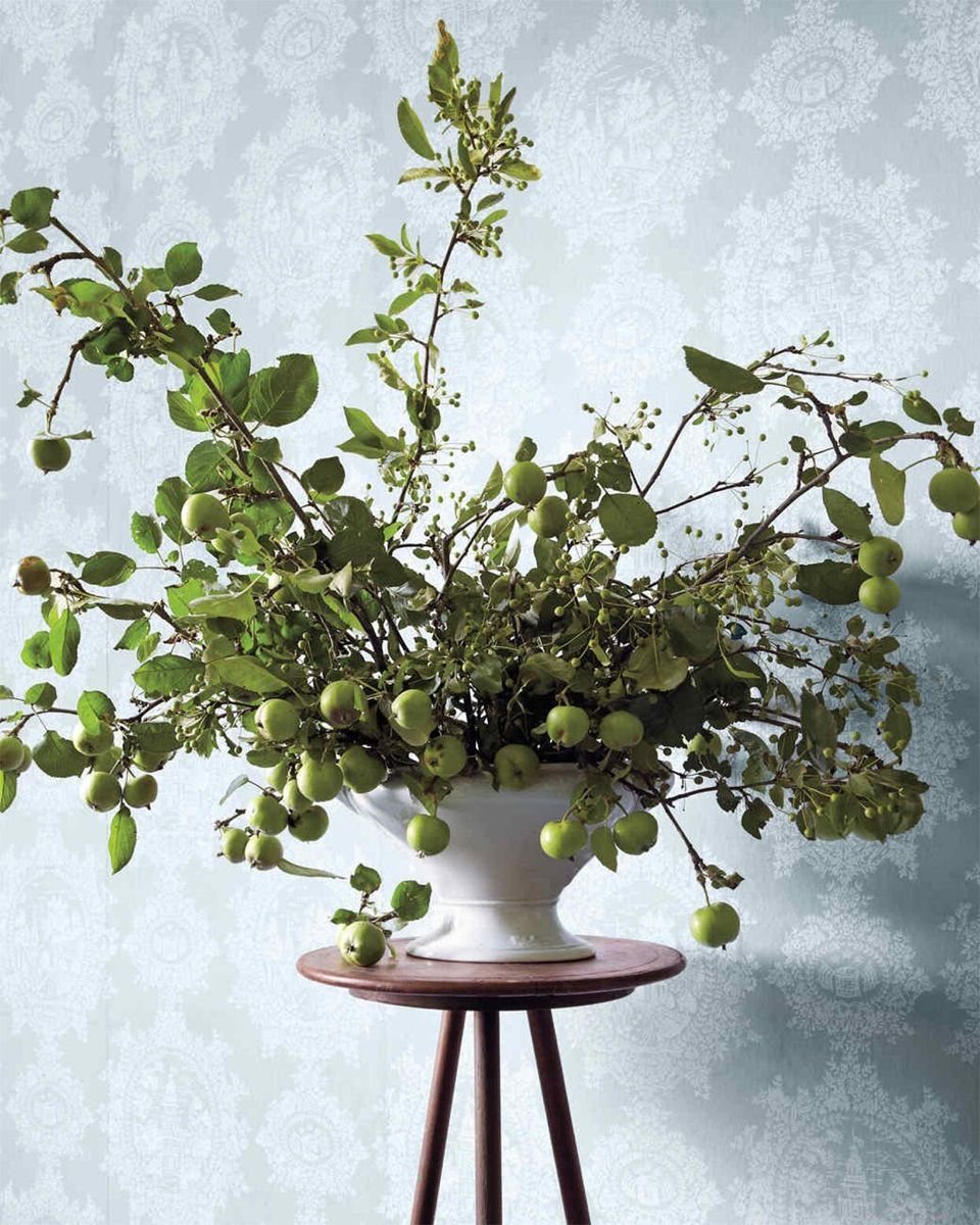 Green leafy branches with small fruits in a white vase on a wooden table.