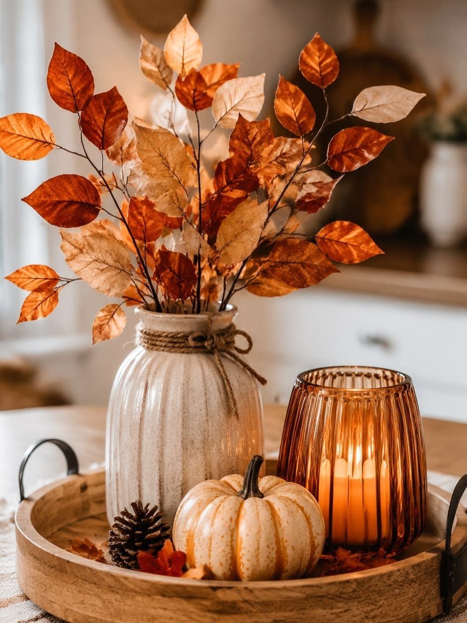 Autumnal tray arrangement with a lit amber candle, white pumpkin, and orange leaves.