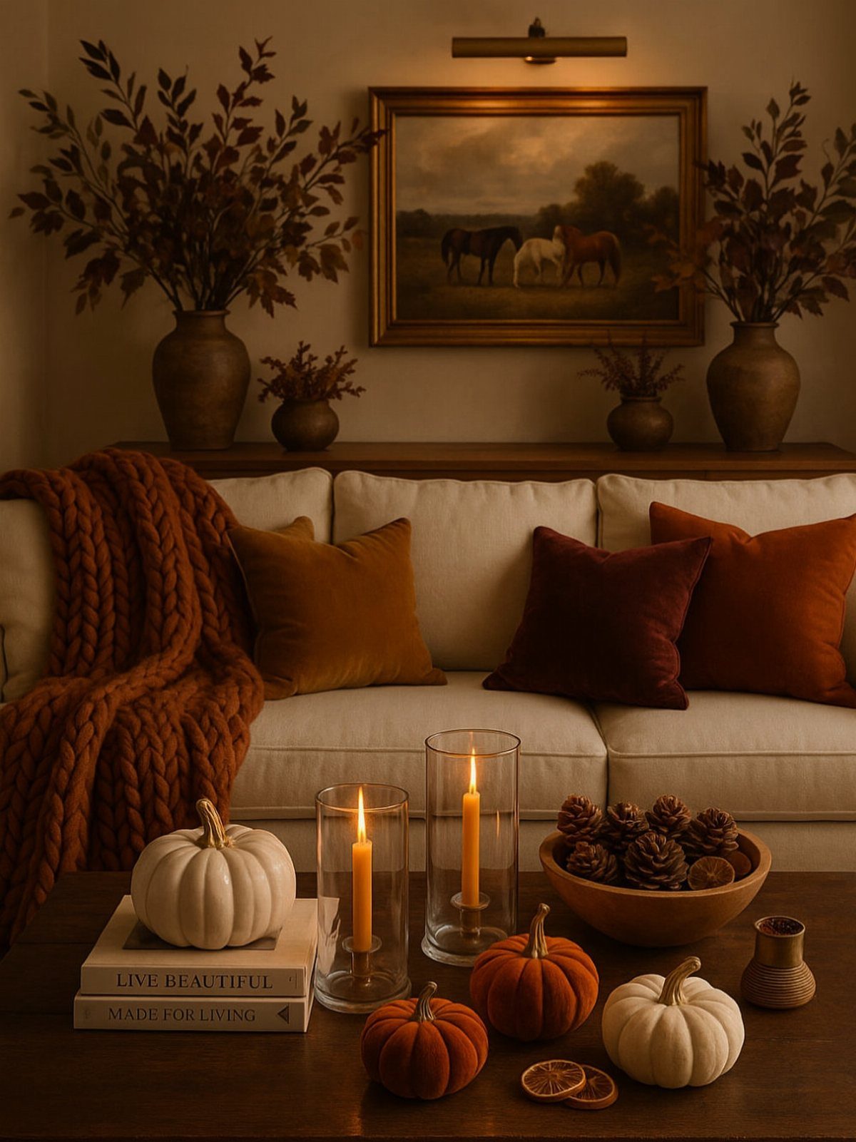 Cozy living room with autumn decor, orange textiles, pumpkins, and lit candles.