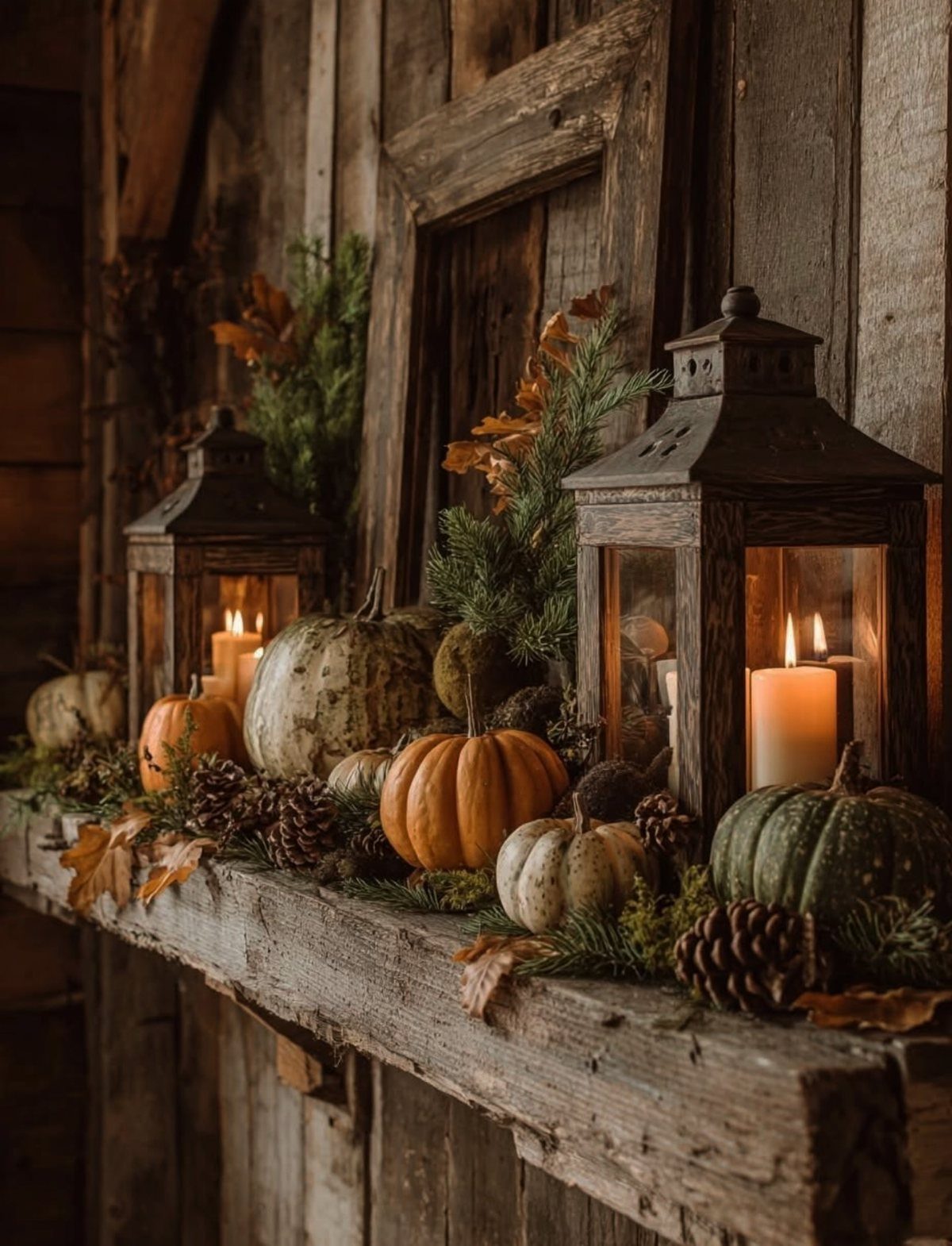 Rustic wooden lanterns with lit candles among pumpkins and pinecones on a wooden shelf.