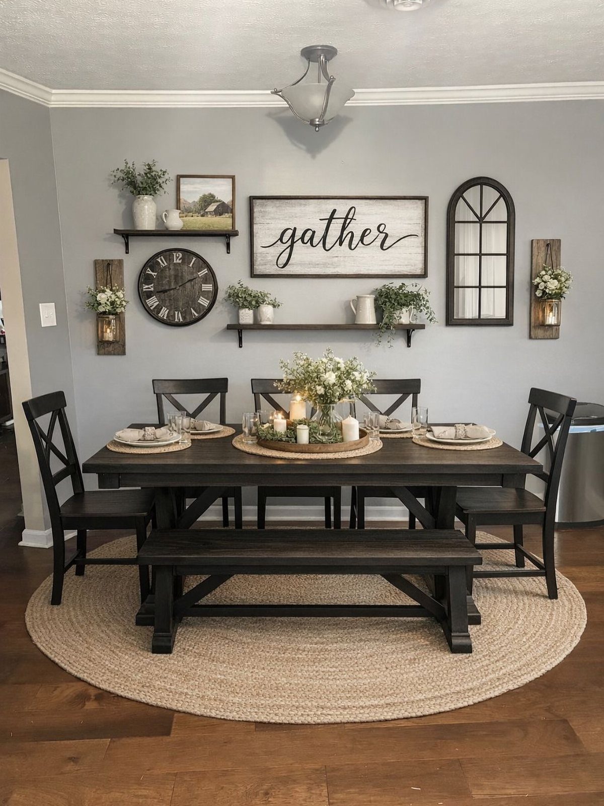 Dining room wall decorated with a gather sign, clock, and floating shelves.