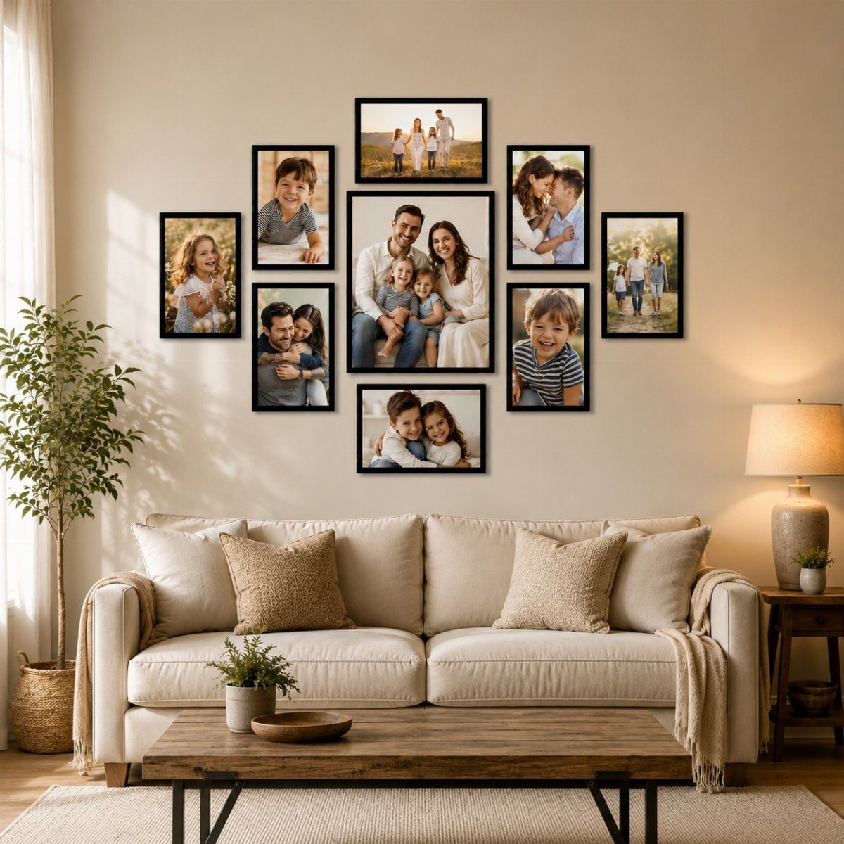 Gallery wall of framed family photos above a neutral sofa in a living room