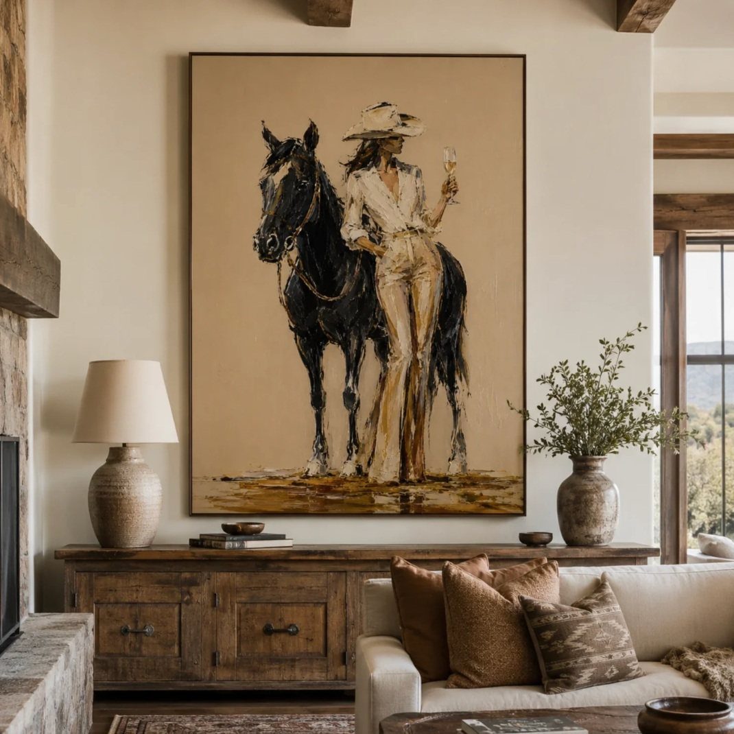 Large painting of a woman and horse as a focal point in a living room