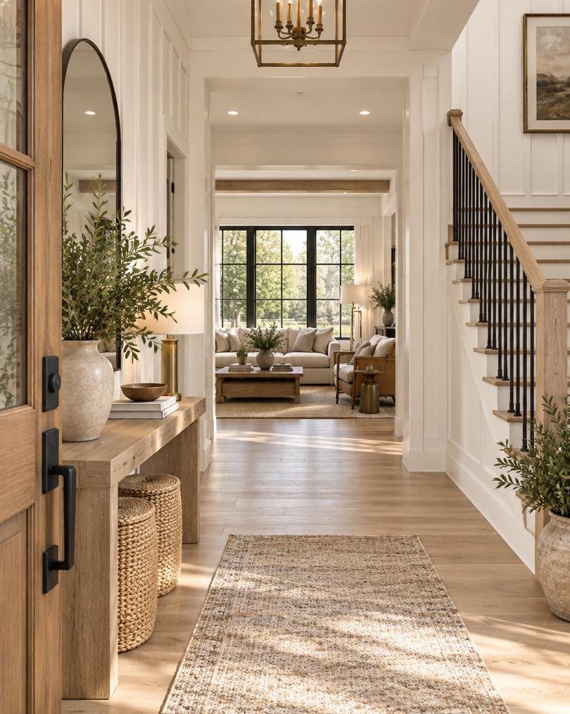 Bright farmhouse entryway featuring white walls, light wood flooring, and neutral earthy tones.