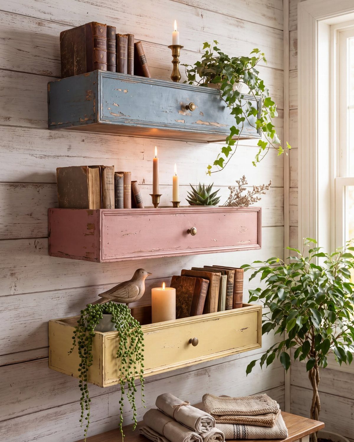 Repurposed colorful wooden drawers used as wall shelves with books and plants.