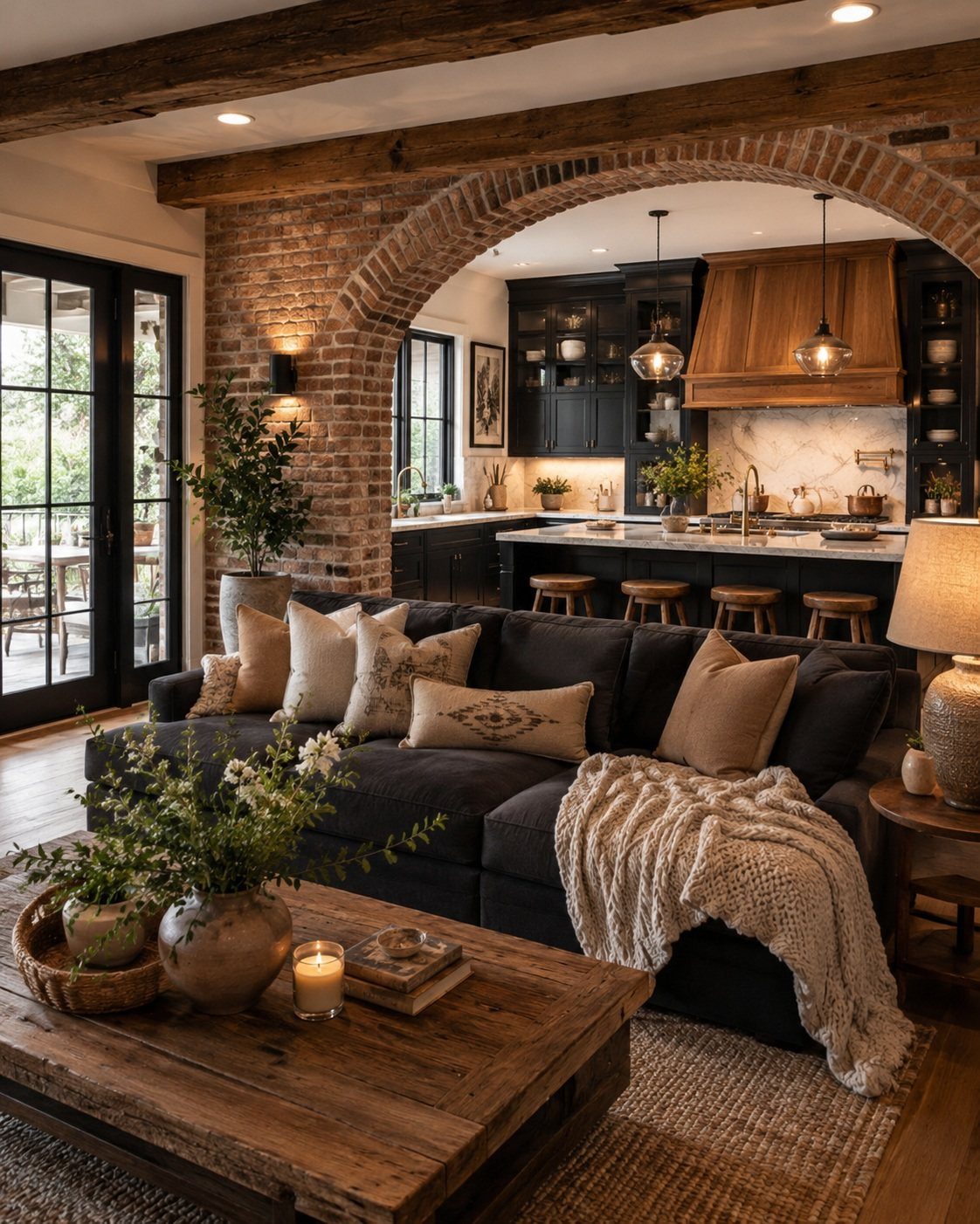 Rustic living room with a brick archway, wooden beams, and a blue sofa.