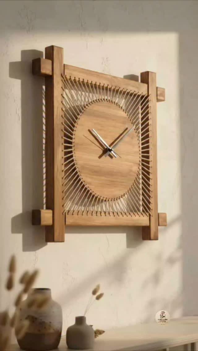 Wooden wall clock with radiating slats mounted on a neutral textured wall.