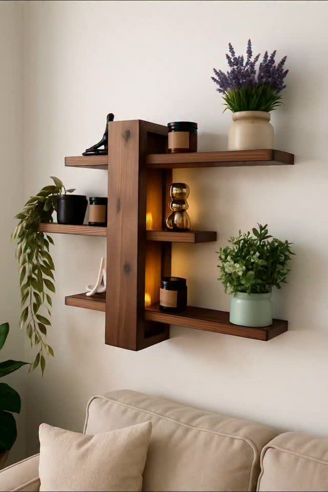 Dark wood floating shelves with plants and candles above a beige couch