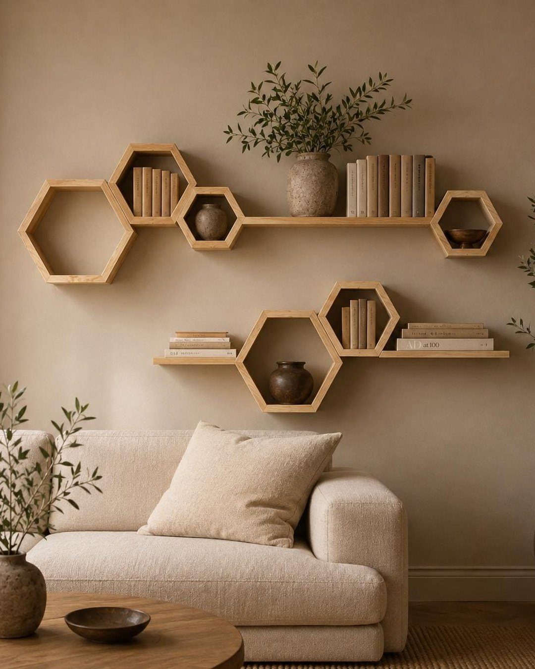 Wooden hexagonal floating shelves with books and plants above a cream fabric sofa.