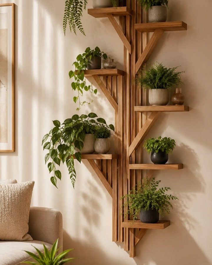 Tree-shaped wooden floating shelves with potted plants mounted above a light-colored couch.
