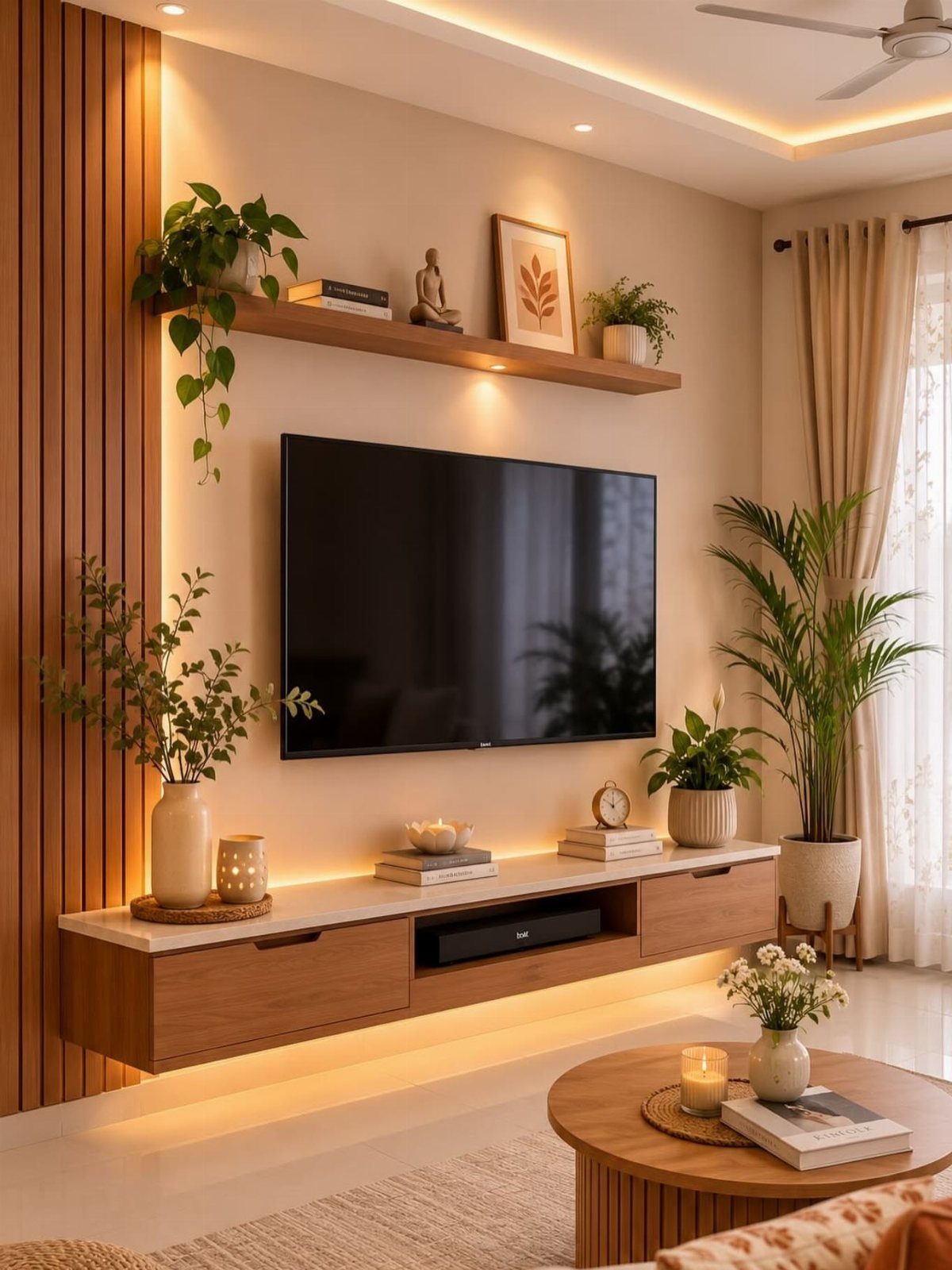 Wooden floating shelf above a wall-mounted TV with plants and decorative objects.