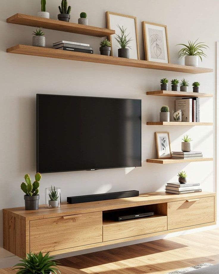 Flat-screen TV surrounded by light wood floating shelves with plants and framed art.