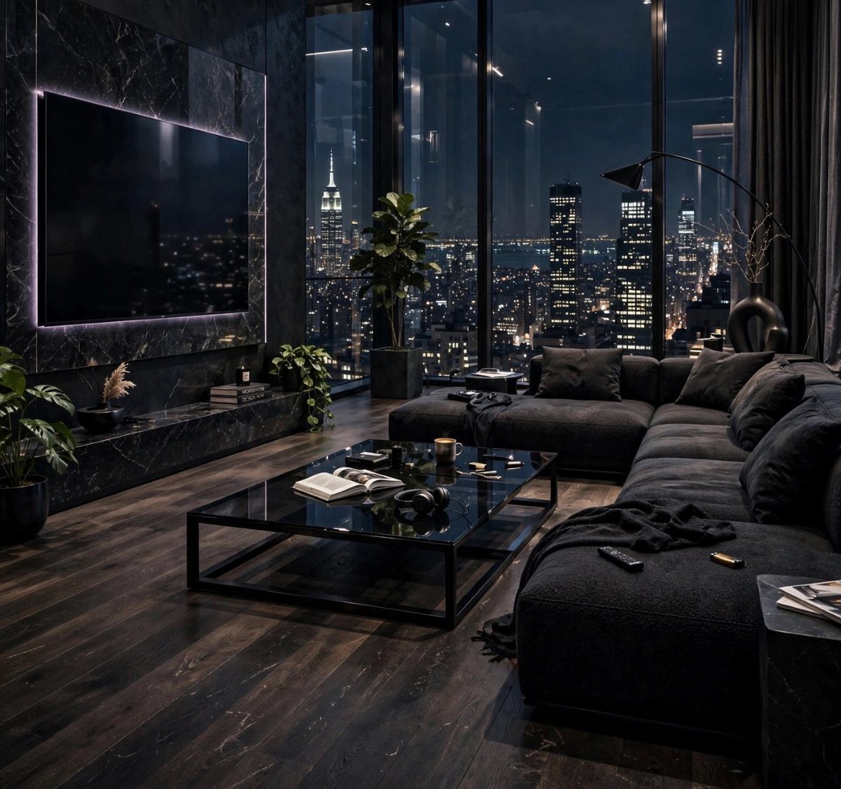 Modern dark living room with floor to ceiling windows overlooking a city skyline