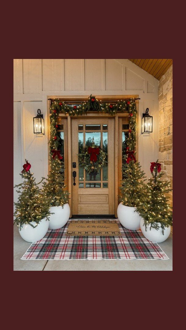 Wooden front door decorated with Christmas garland, wreath, and potted evergreen trees.