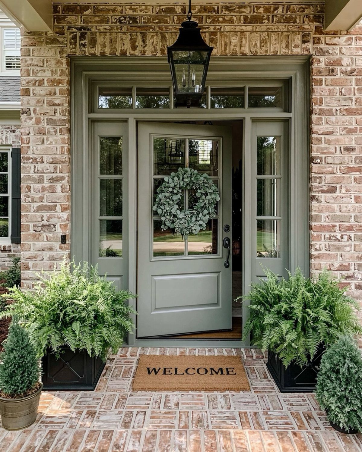 Grey painted front door with a green wreath and ferns on a brick porch