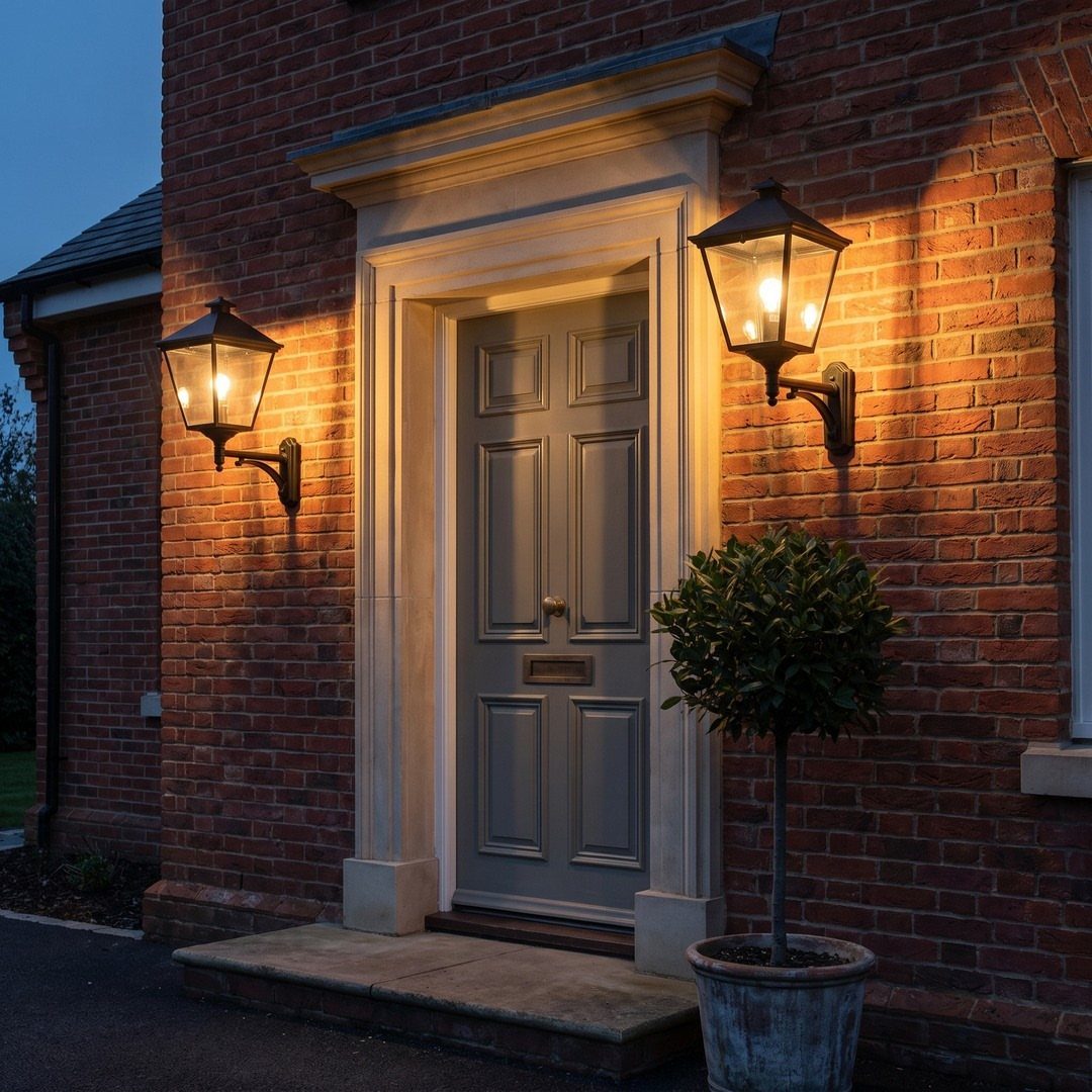 Two glowing black lantern wall lights flanking a grey front door on brick
