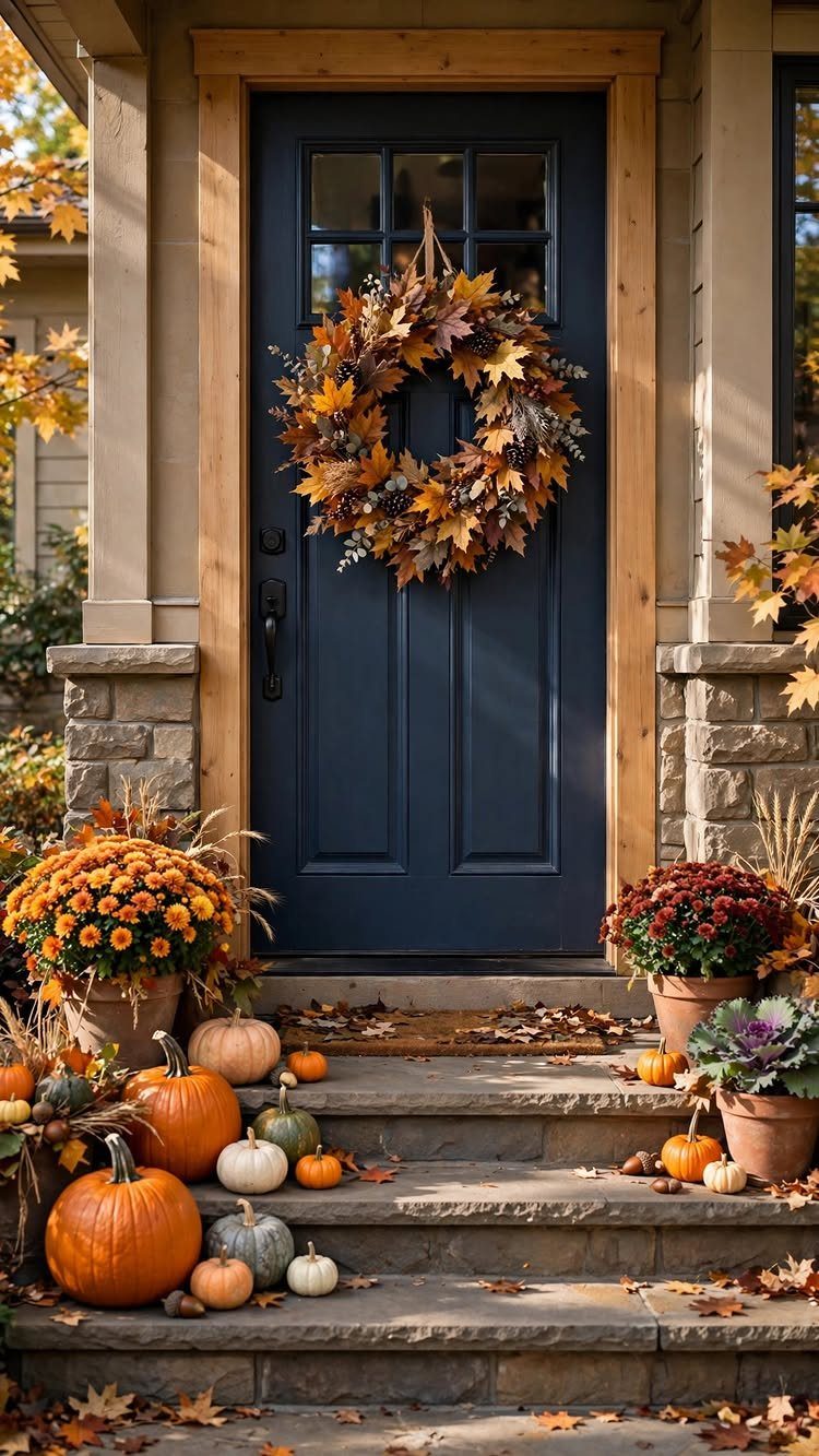 Autumn leaf wreath on a blue front door with pumpkins and mums on steps