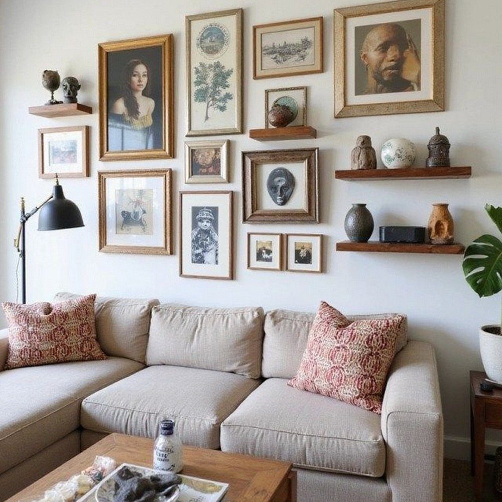 Beige sectional sofa beneath a gallery wall of framed art and wooden shelves.