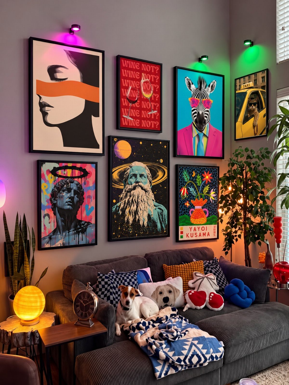 Colorful gallery wall with various art prints hanging above a grey living room couch