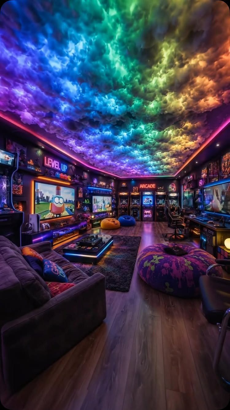 Gaming room with a rainbow cloud ceiling, neon signs, and arcade machines.