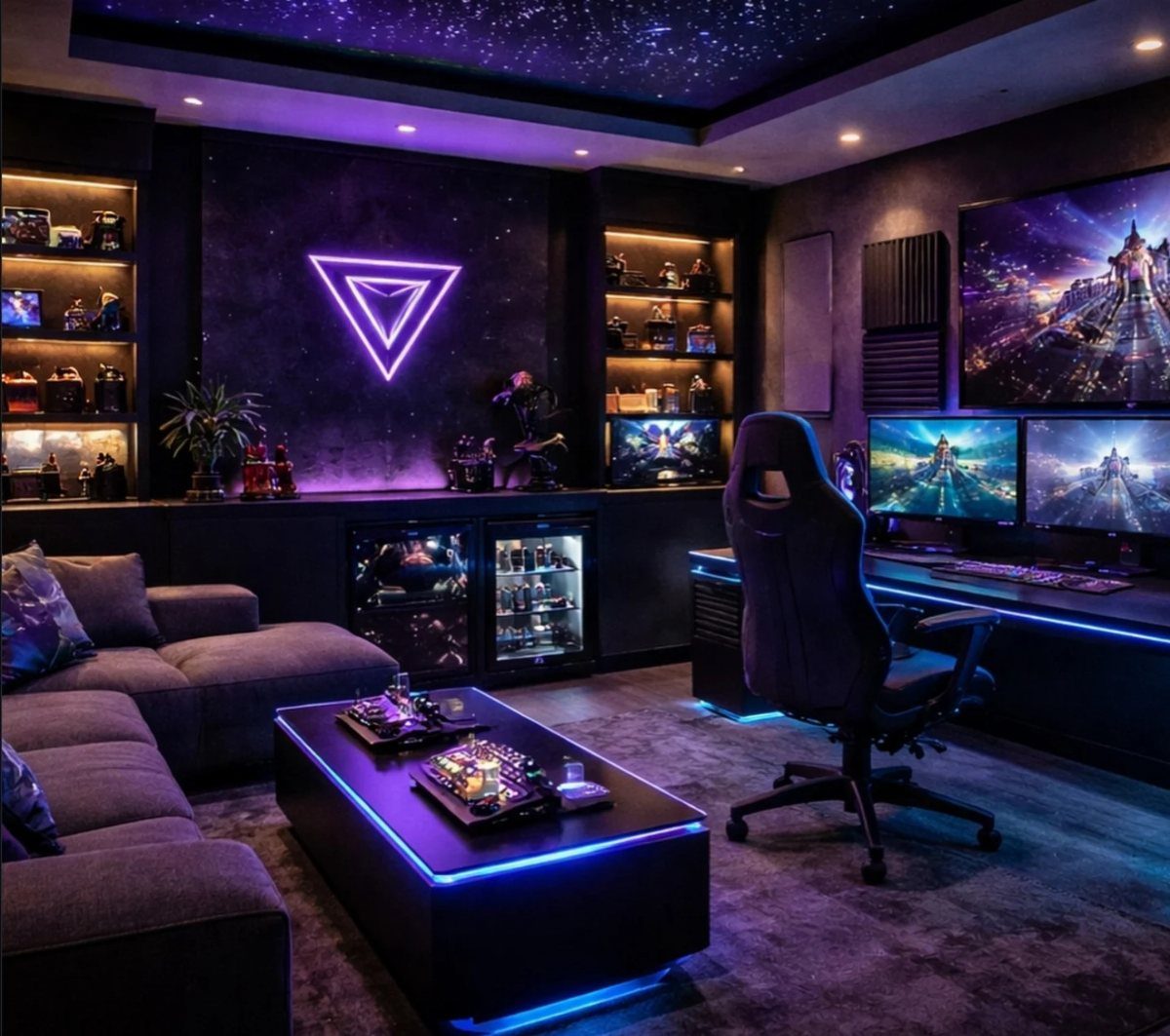 Gaming room with purple neon wall art, blue LED accents, and starry ceiling.