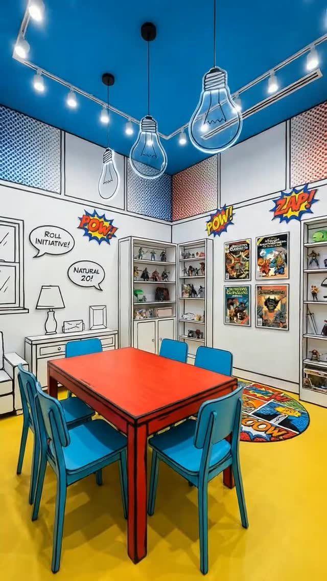 Comic book themed room with electric blue ceiling, red table, and yellow floor.
