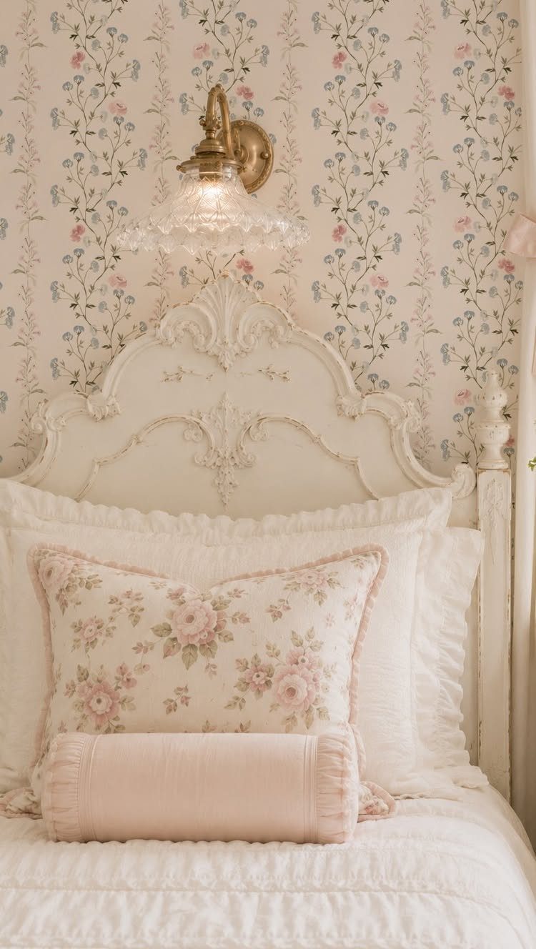Floral wallpaper behind an ornate white headboard with matching floral bedding and pillows.