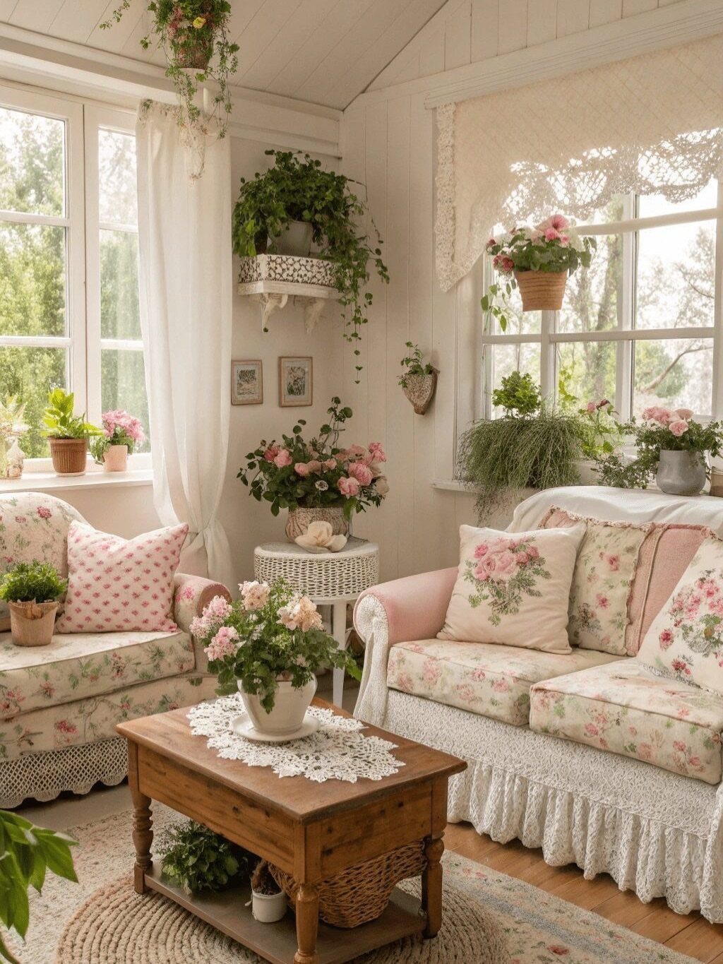 Floral patterned sofas and lace curtains in a cozy, plant-filled vintage living room.