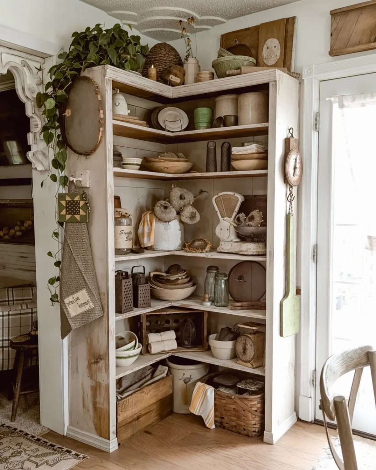 White corner shelving unit filled with rustic ceramic bowls and vintage kitchenware.