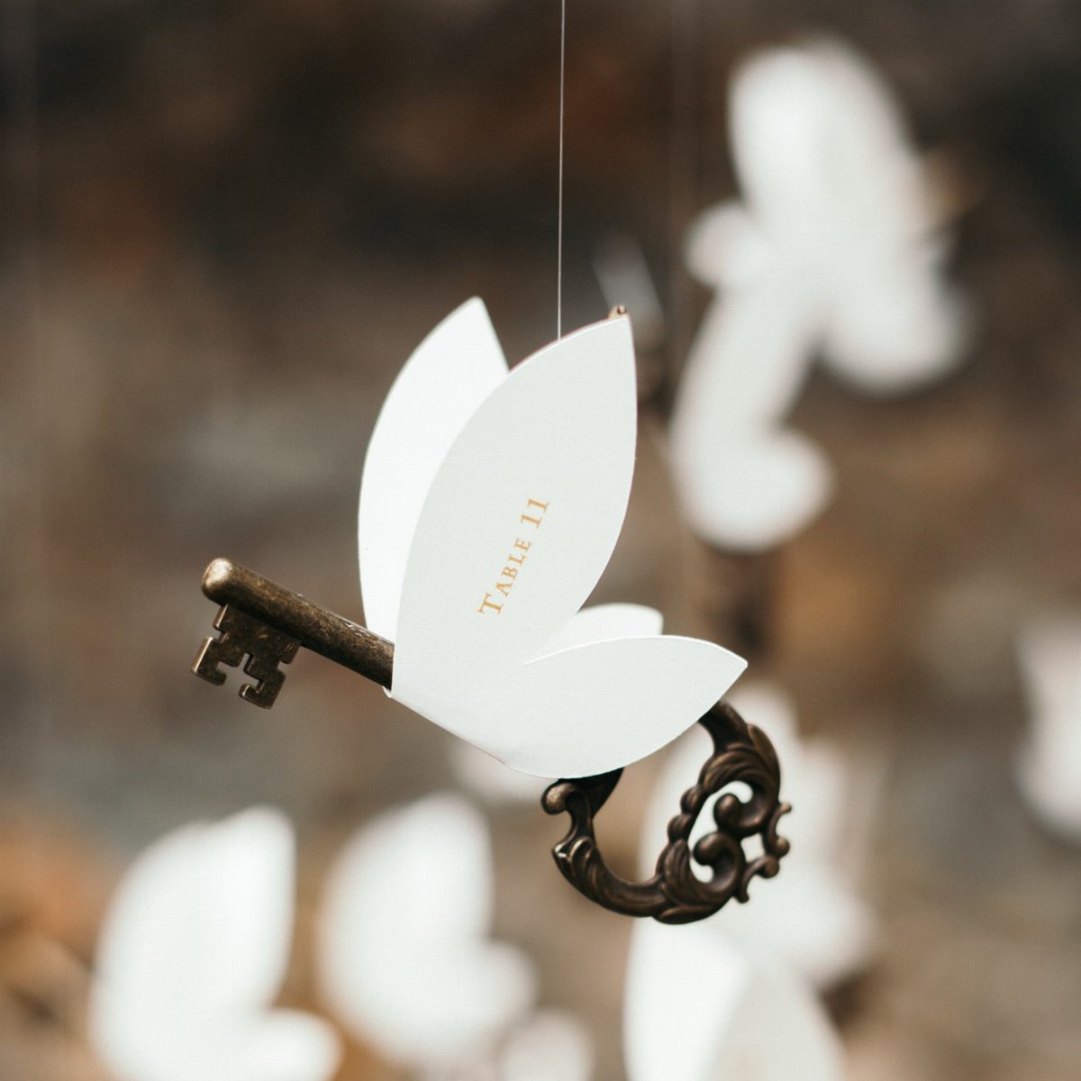 Ornate bronze key with white paper wings hanging by a thin string.