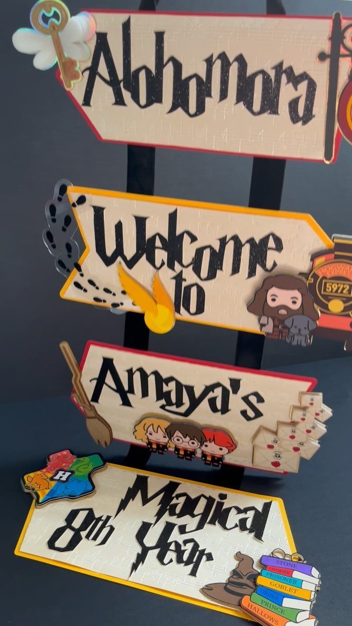 Themed Harry Potter signs for Amaya's 8th birthday with magical illustrations and text.