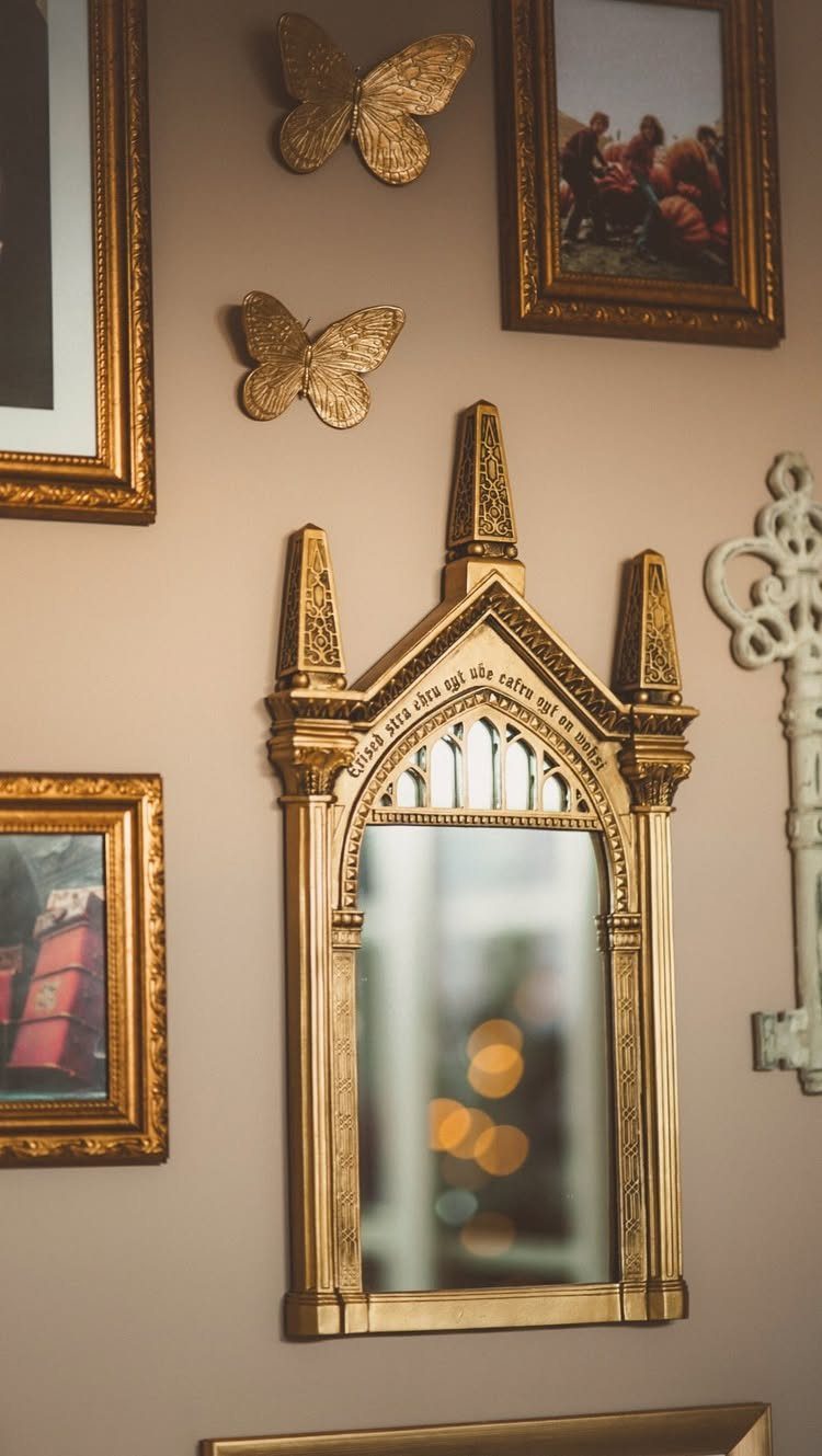 Gold-framed art, butterflies, and a gothic mirror decorating a beige wall.