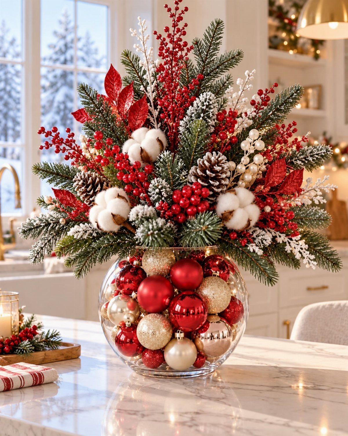 Holiday centerpiece with red and gold ornaments, pine needles, and red berries on marble.