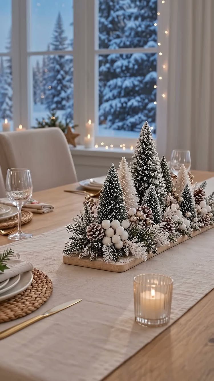 Frosted evergreen tree centerpiece on a dining table with snowy window background