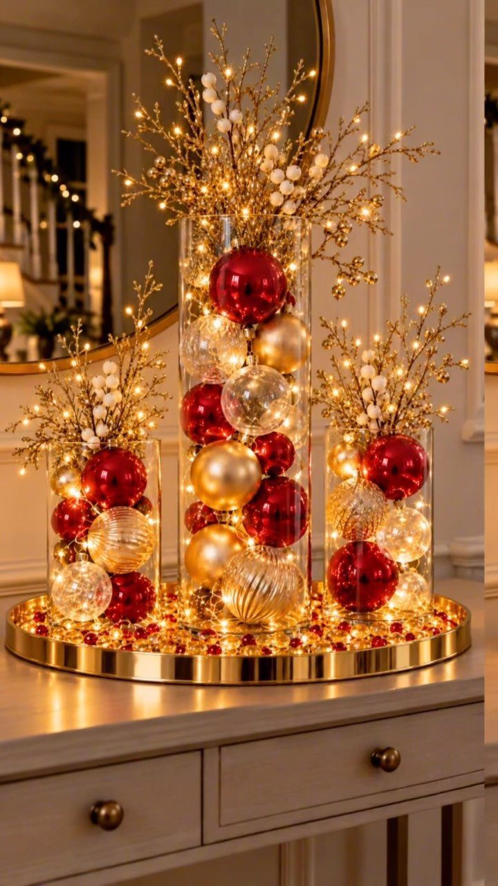 Three glass vases filled with red and gold ornaments and lit branches on a tray.