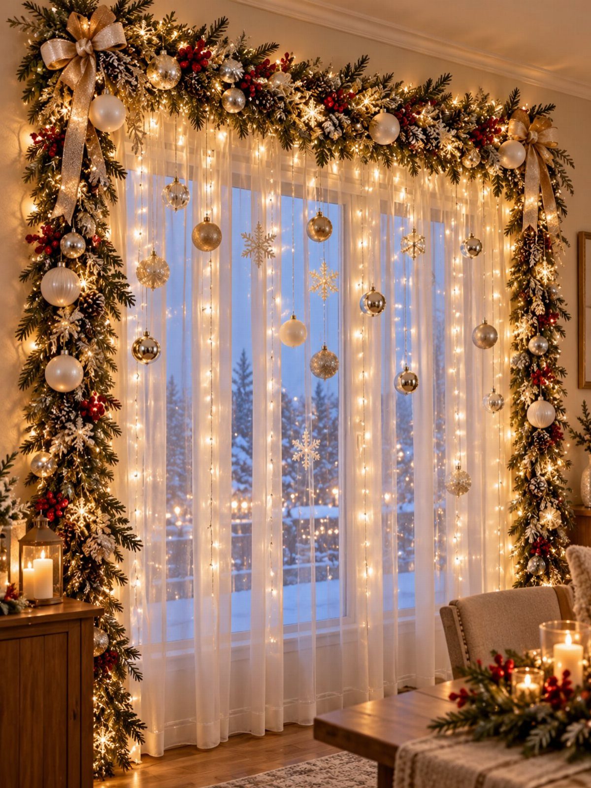 Evergreen garland with warm lights and ornaments framing a window with sheer curtains.