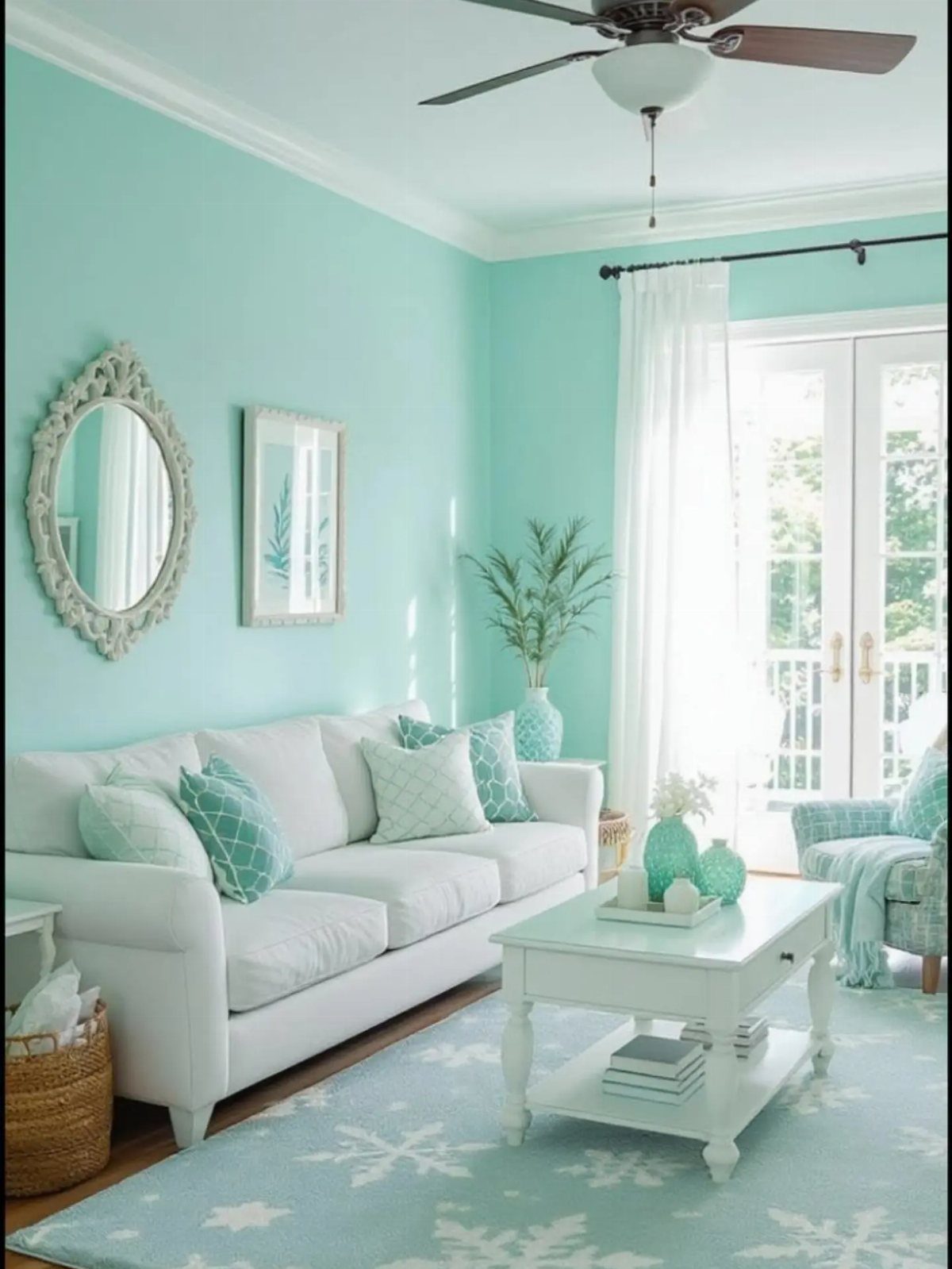 Bright living room featuring mint green walls, white furniture, and light blue accents.