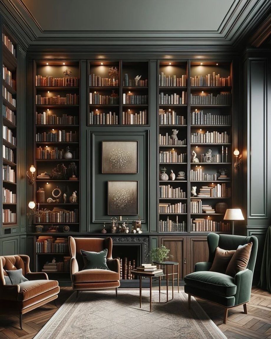 Dark teal home library with built-in bookshelves surrounding a central fireplace and armchairs.
