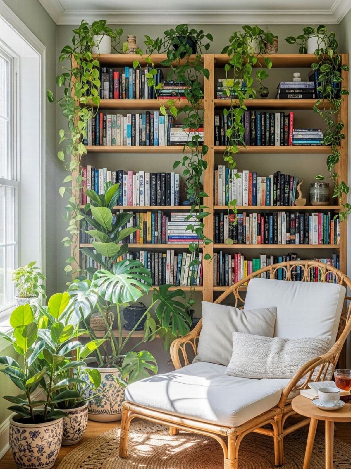 Wooden bookshelves filled with books and trailing plants next to a rattan lounge chair.