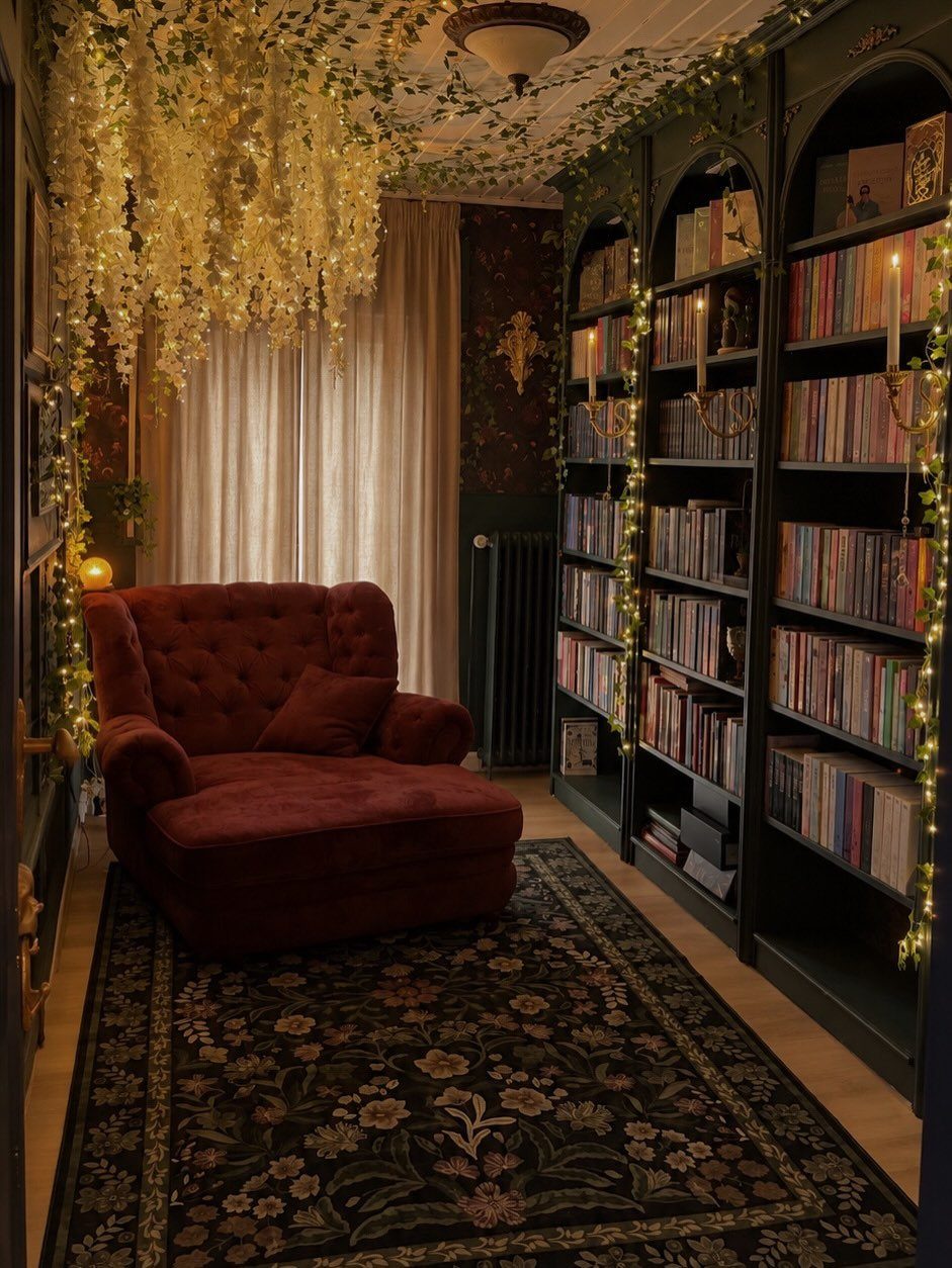 Cozy home library with red velvet chair, dark bookshelves, and hanging fairy lights.