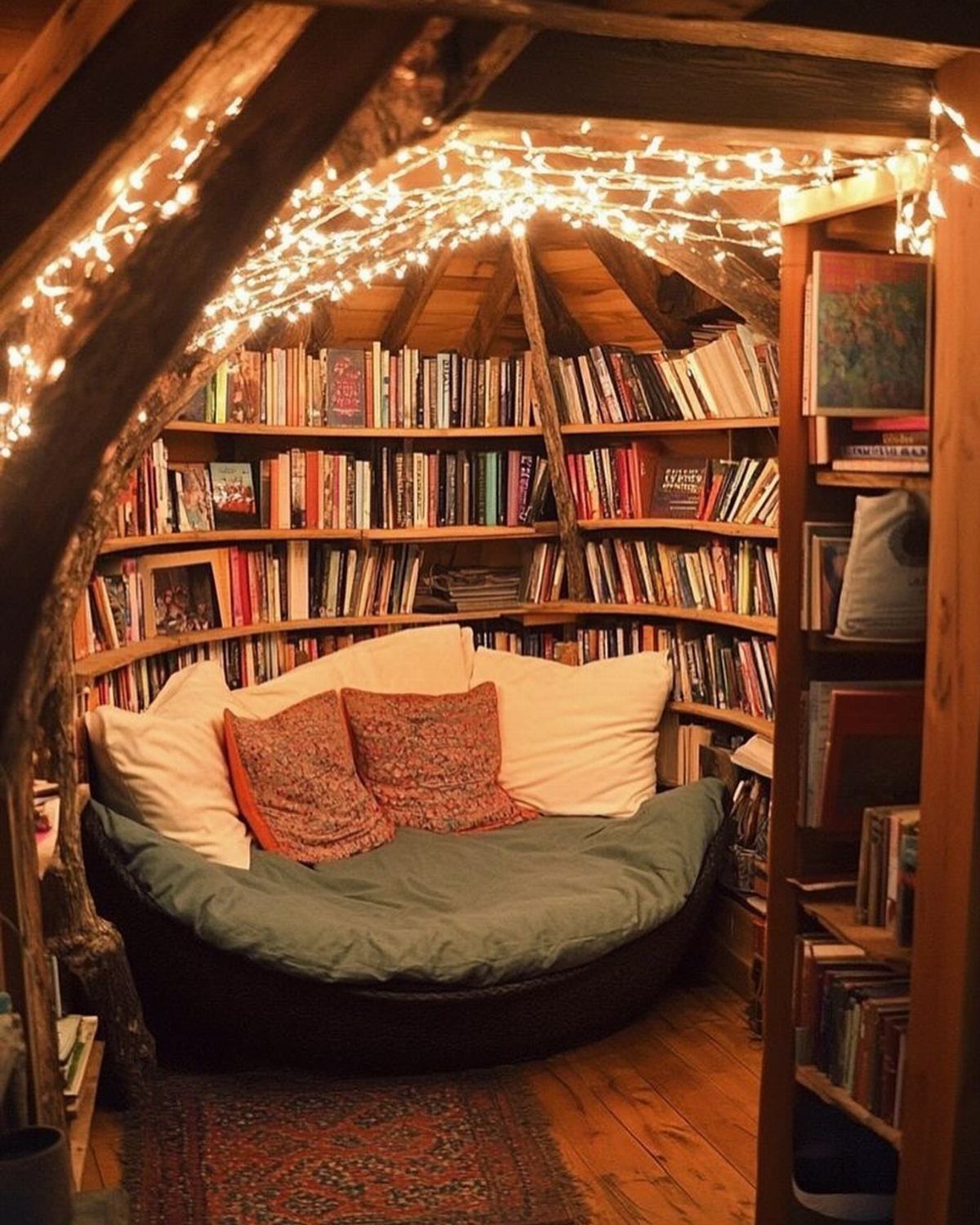 Cozy reading nook with a circular daybed and curved bookshelves under string lights.