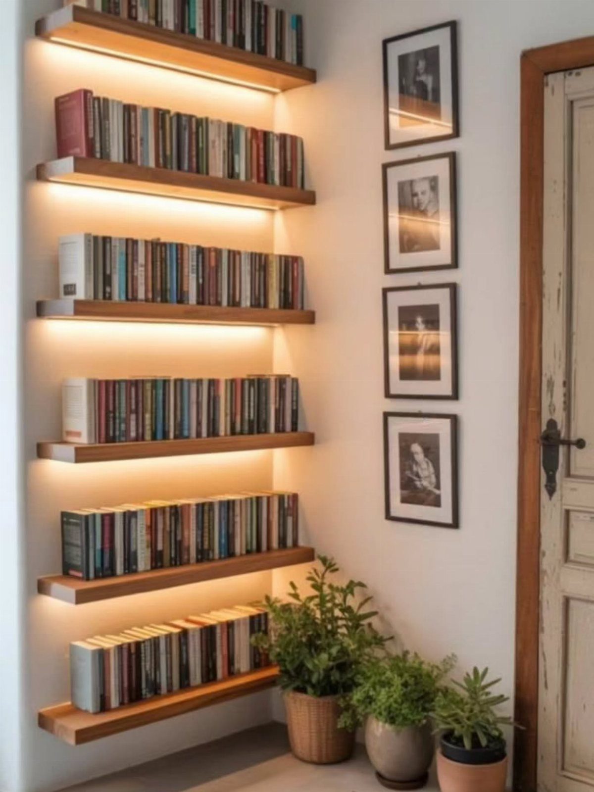 Wooden floating shelves with warm lighting holding books next to framed portraits and plants.