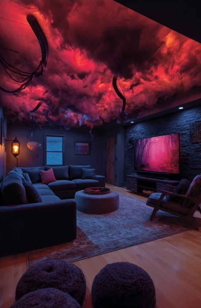 Home theater room with a glowing red cloud ceiling and dark grey furniture.