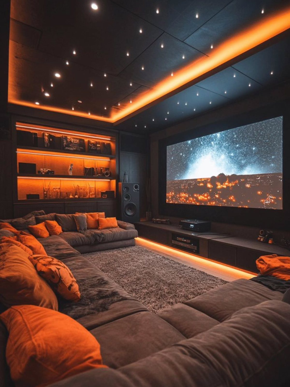 Home theater with orange cove lighting, star ceiling, and large projection screen.