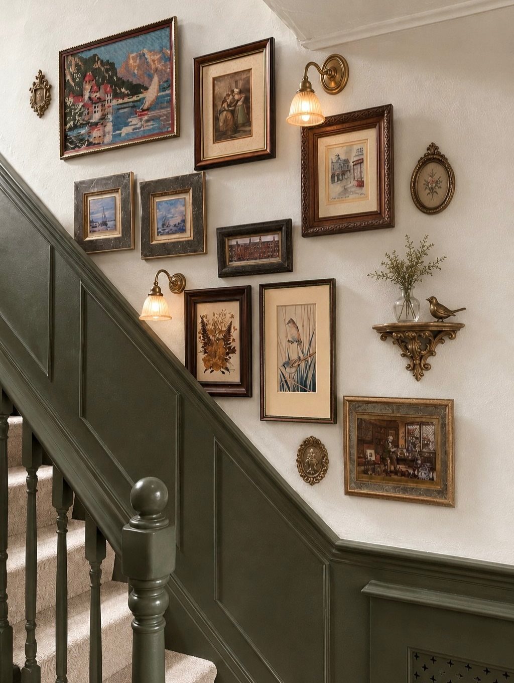 Gallery wall of framed art and sconces above a dark green staircase