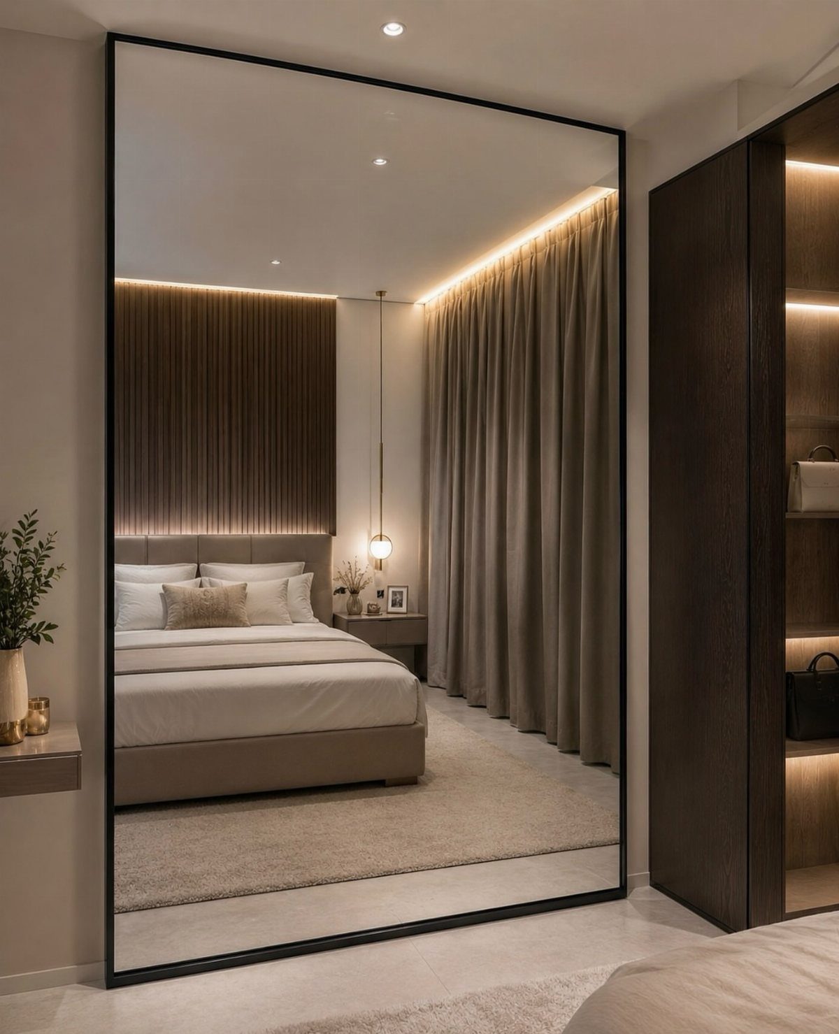 Full-length mirror with black frame reflecting a modern, neutral-toned hotel bedroom interior.